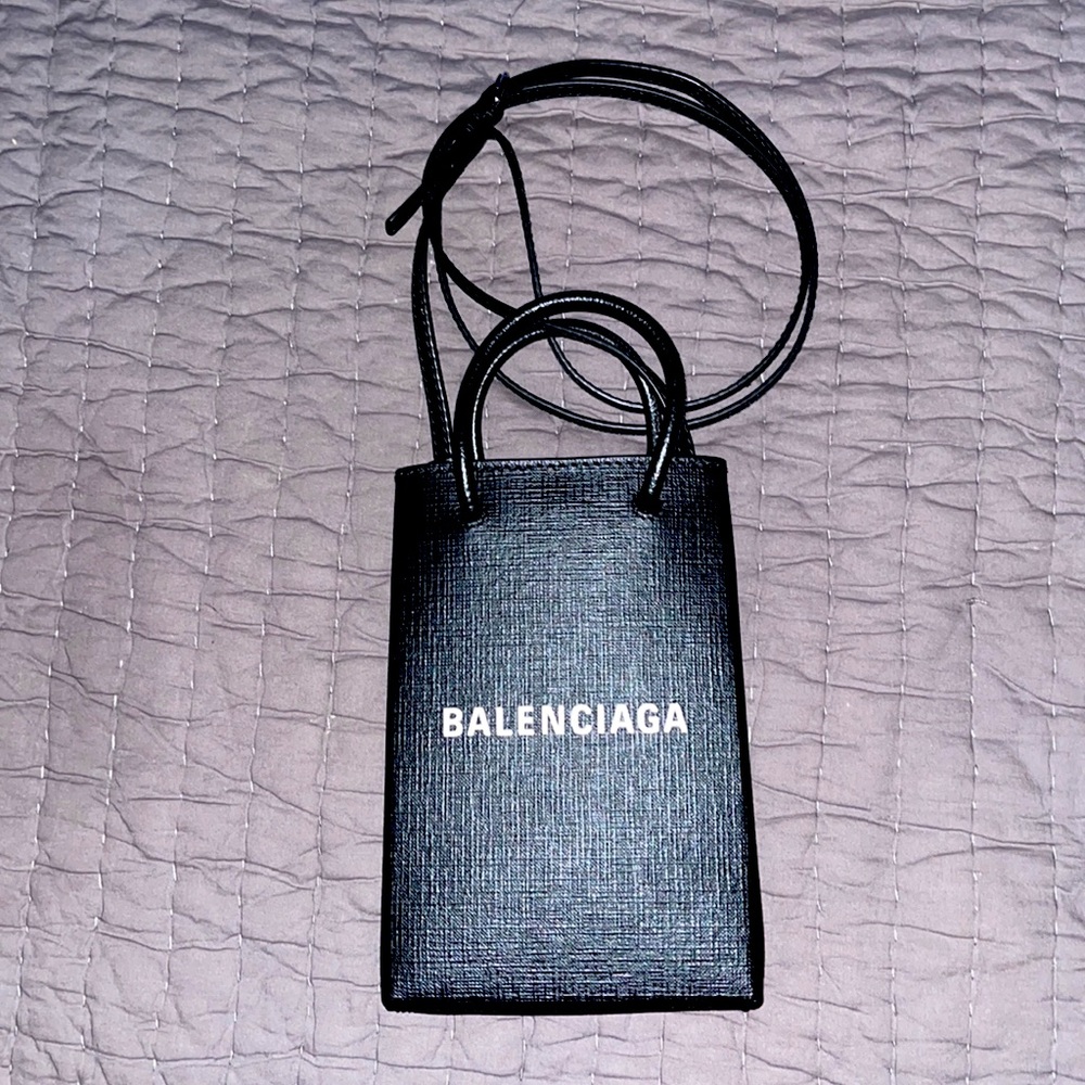 BALENCIAGA NWT Black Leather Shopp Phone Holder Crossbody Shoulder Bag